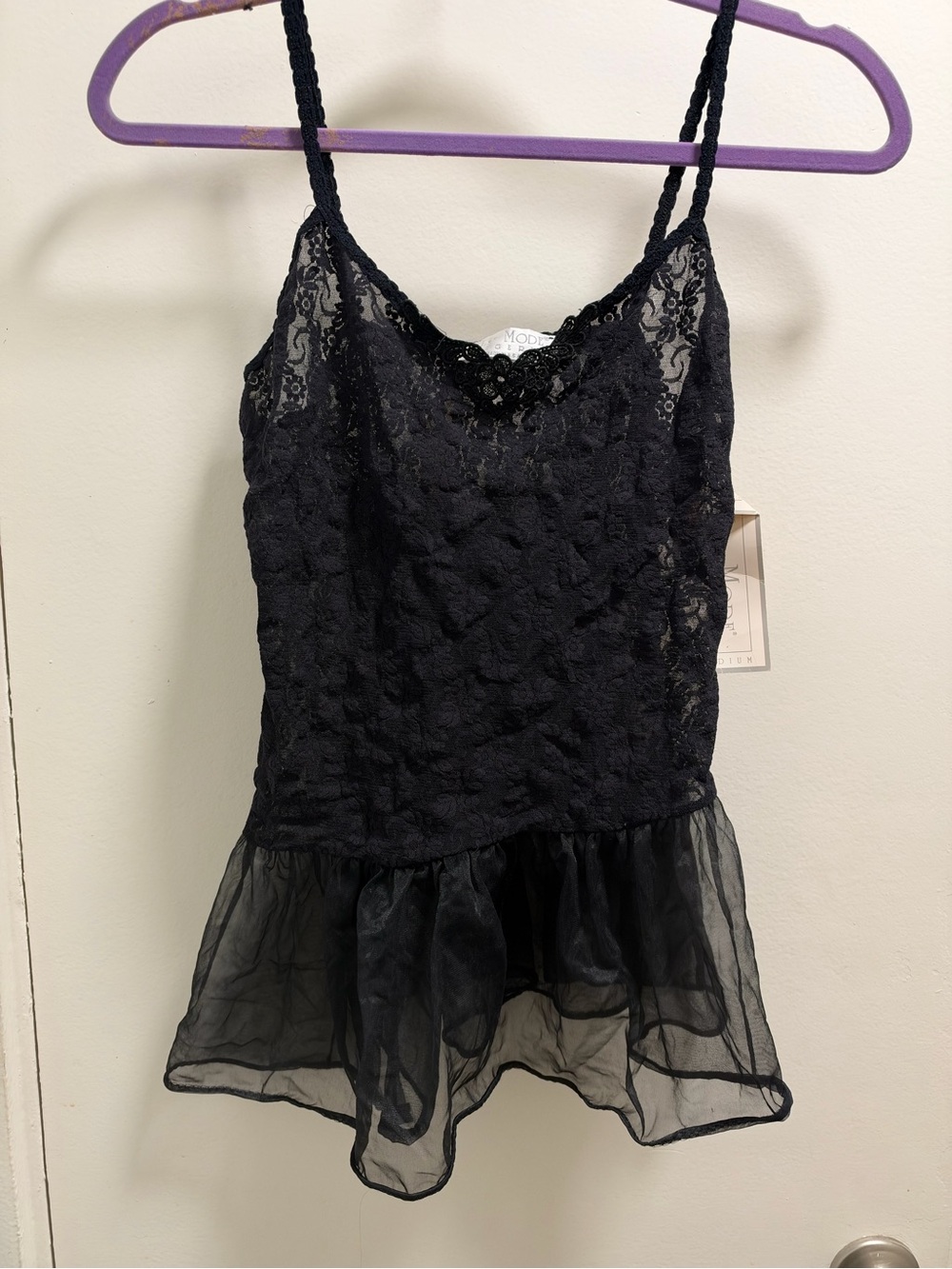 Black Lace Sheer Peplum Chemise with Spaghetti Straps